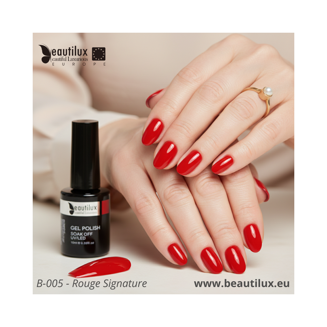 Rendu vernis semi-permanent rouge signature B-005 sur ongles