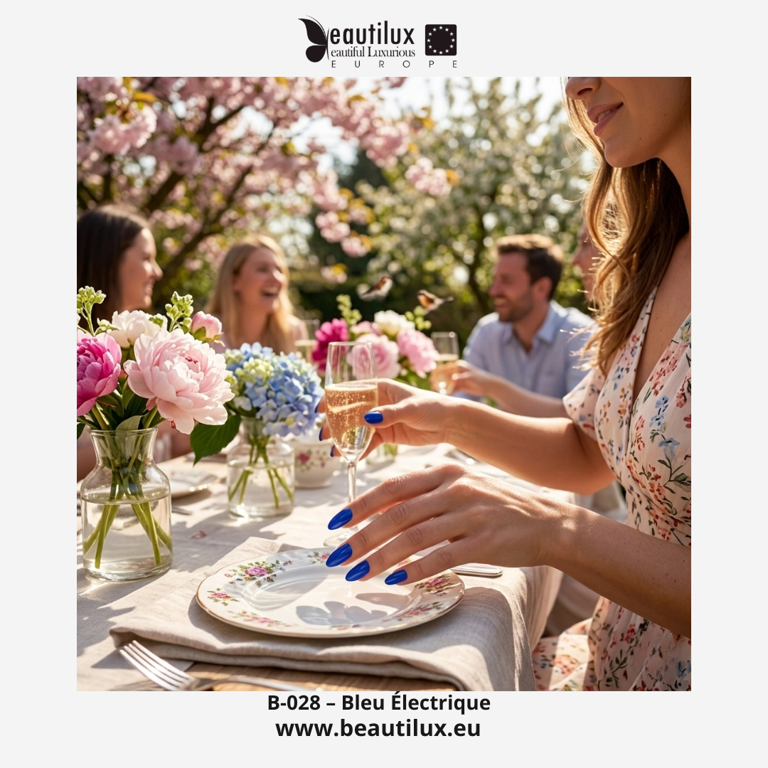 Manucure vernis semi-permanent bleu électrique B-028 Beautilux sur ongles naturels fini brillant professionnel 