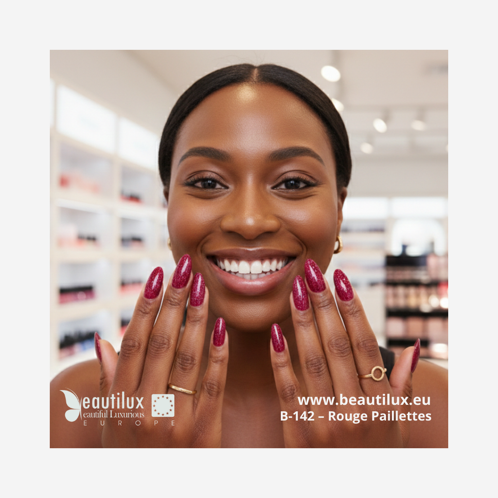 Vernis Semi-Permanent Rouge pailettes – B-142 | Beautilux 10ml - Tenue 3 Semaines