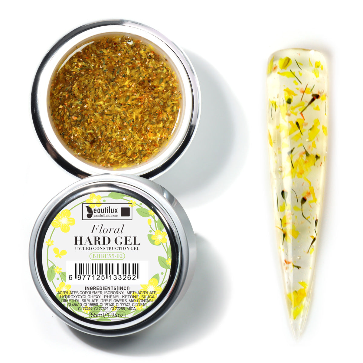 Floral Hard Gel UV/LED Jaune floral avec fleurs séchées – BHBF55-02 Beautilux 55 gr