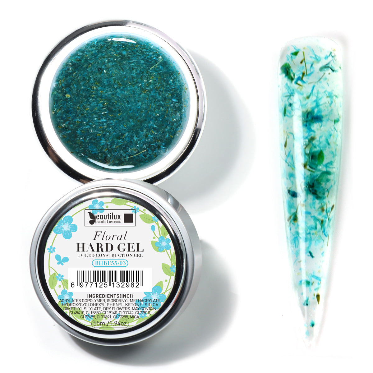 Floral Hard Gel UV/LED Turquoise floral avec fleurs séchées – BHBF55-03 Beautilux 55 gr