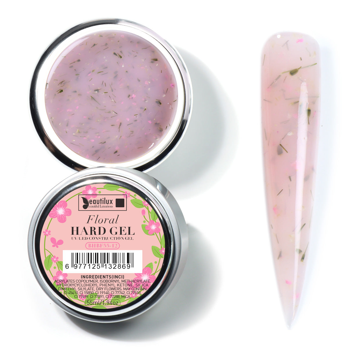Floral Hard Gel UV/LED Rose lilas floral avec fleurs séchées – BHBF55-12 Beautilux 55 gr