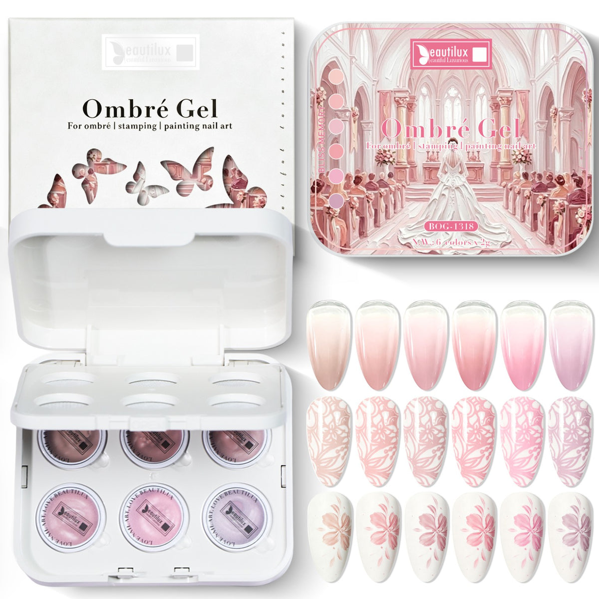 Beautilux Ombré Gel BOG-1318 - coffret et nuances Bliss Memory