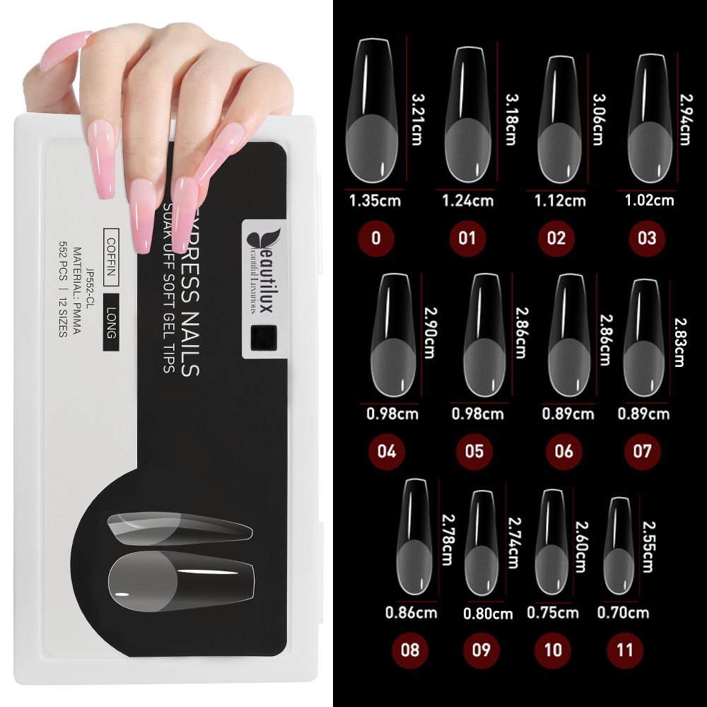 Capsules Ongles PMMA Coffin Long | Soak Off | Pose Américaine | Beautilux JP552-CL | 552 pcs