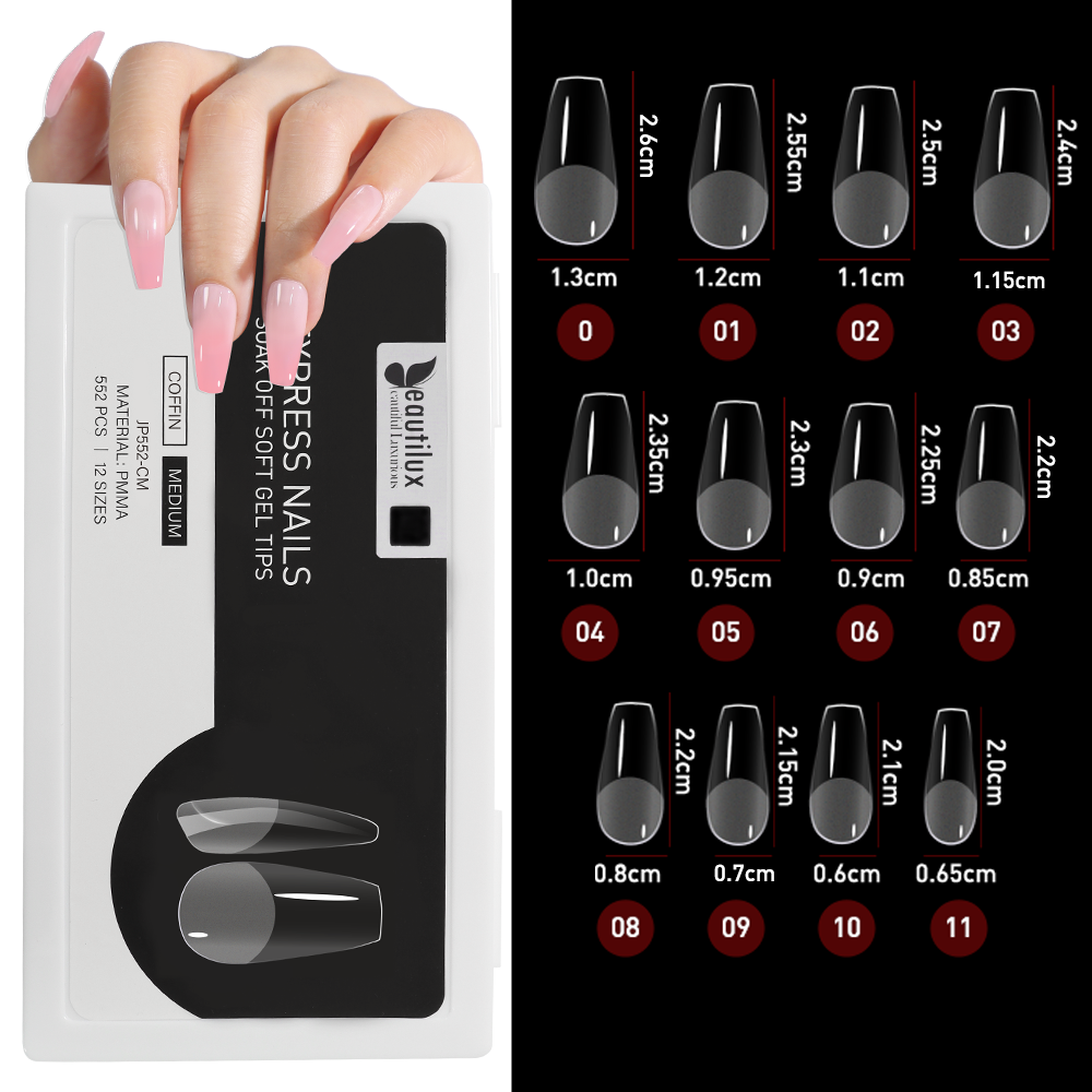 Capsules Ongles PMMA Coffin Moyen | Soak Off | Pose Américaine | Beautilux JP552-CM | 552 pcs