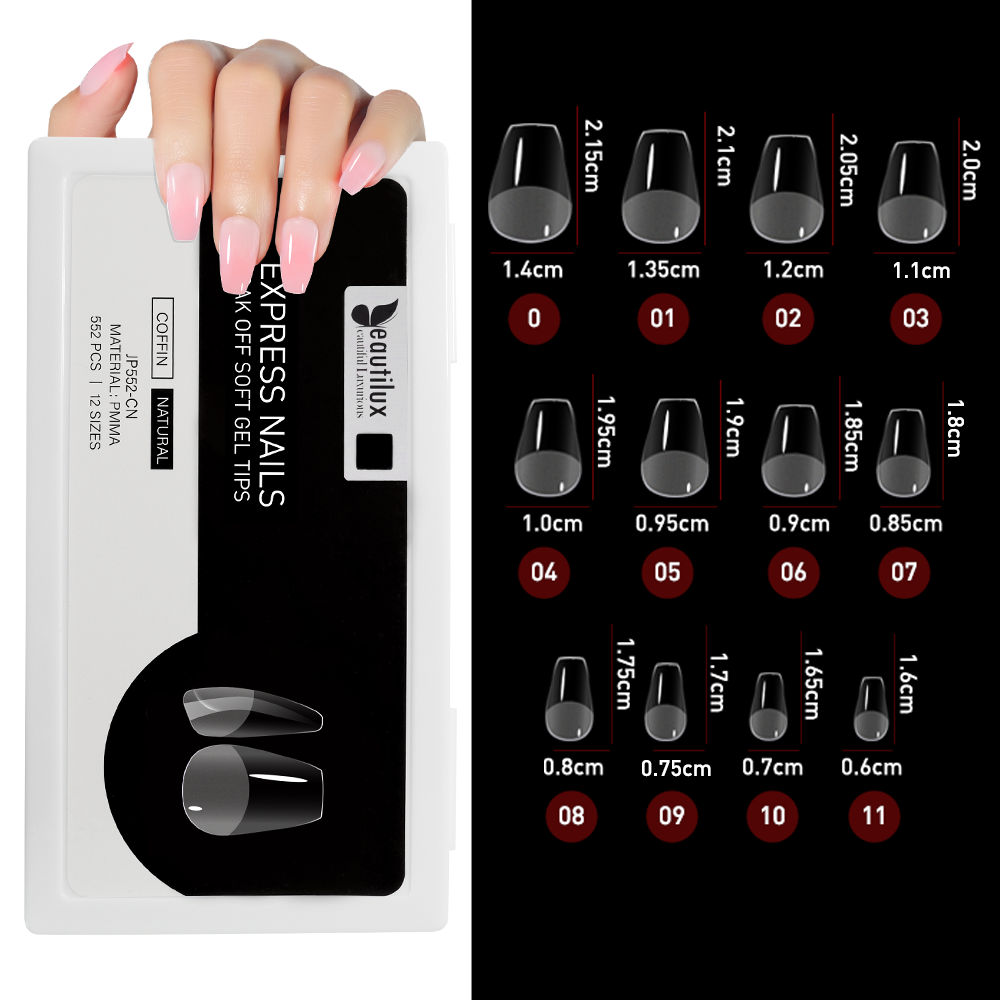 Capsules Ongles PMMA Coffin Naturel | Soak Off | Pose Américaine | Beautilux JP552-CN | 552 pcs