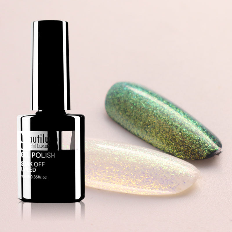 Vernis Semi-Permanent Vert Or Holographique – CR-05 | Beautilux 10ml – Tenue 3 Semaines