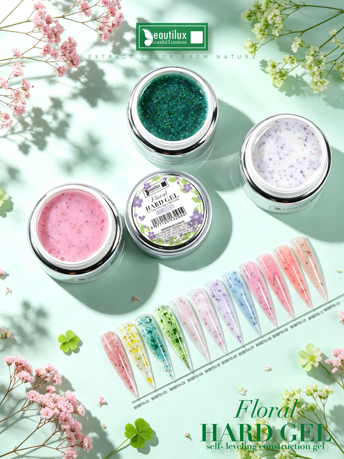 Floral Hard Gel UV/LED Jaune floral avec fleurs séchées – BHBF55-02 Beautilux 55 gr