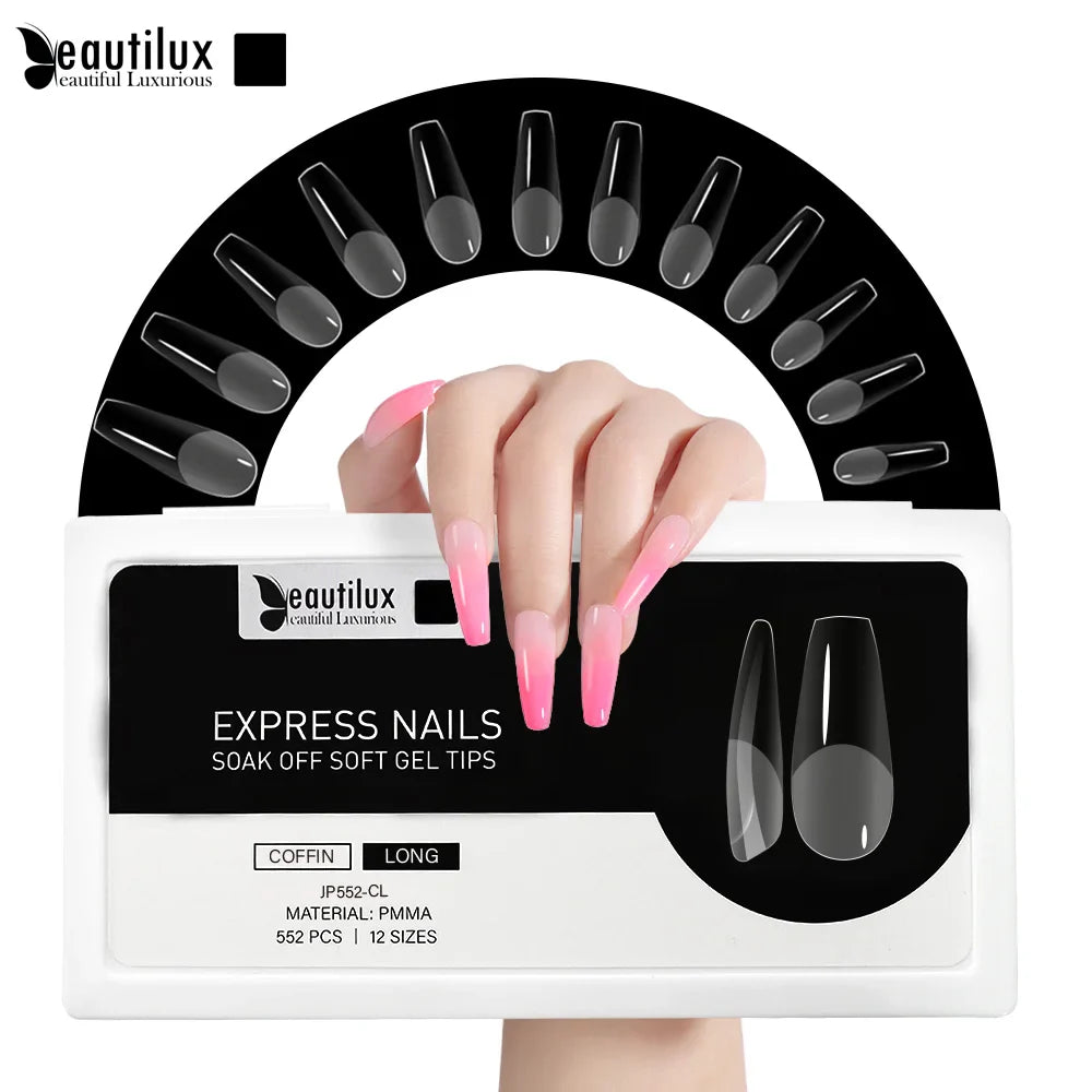 Capsules ongles PMMA Coffin Long Beautilux JP552-CL — 552 pcs 12 tailles — Soak Off Pose Américaine Bild