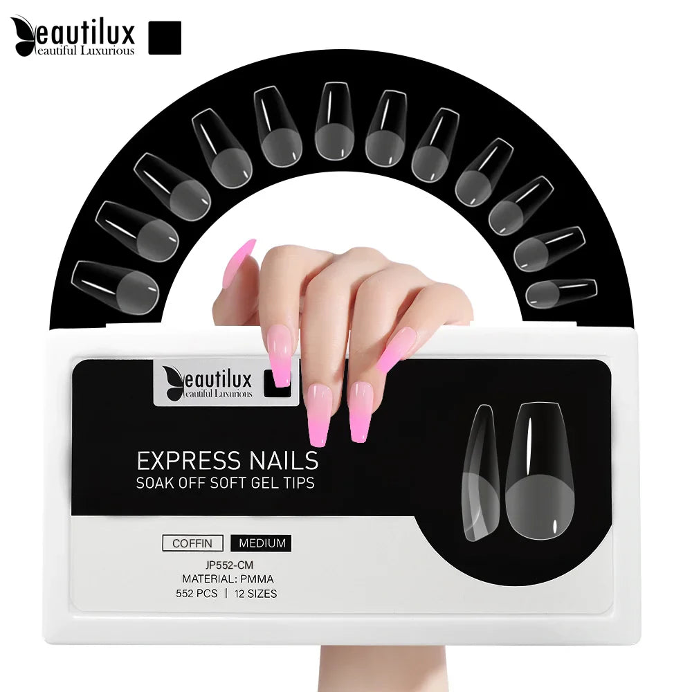 Capsules ongles PMMA Coffin Moyen Beautilux JP552-CM — 552 pcs 12 tailles — Soak Off Pose Américaine Image