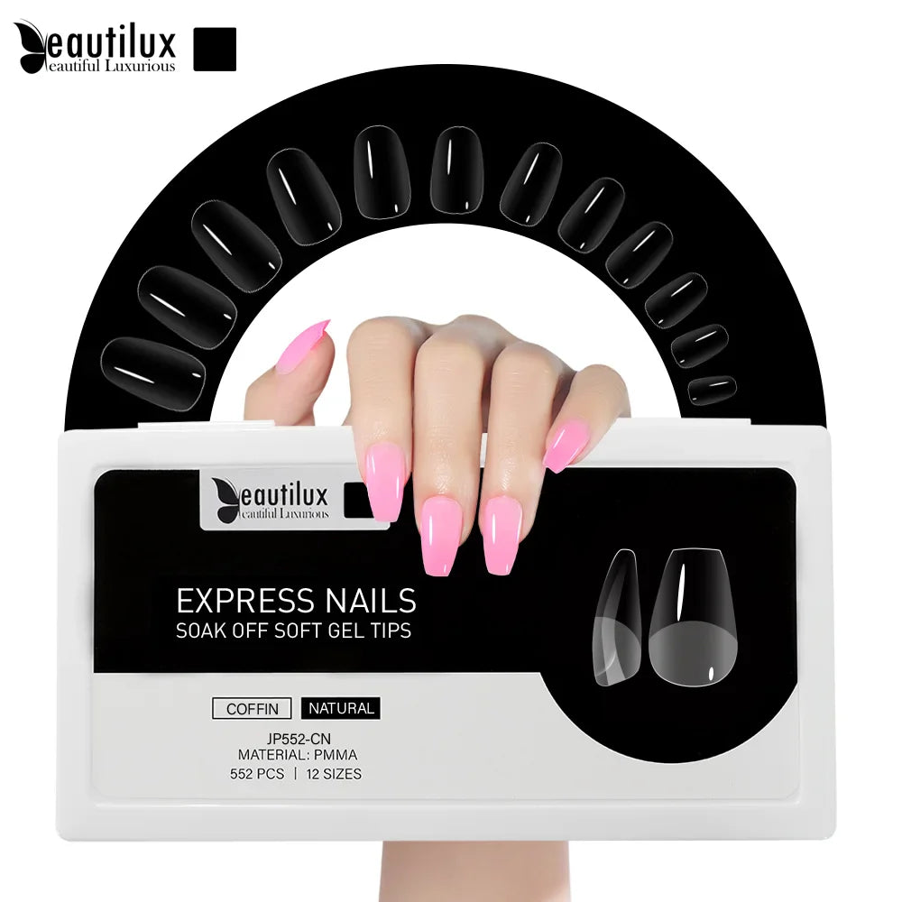 Capsules ongles PMMA Coffin Naturel Beautilux JP552-CN — 552 pcs 12 tailles — Soak Off Pose Américaine Image