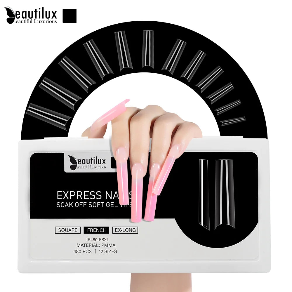 Beautilux HALF-COVER CAPSULE NAILS — 480pcs/box — SQUARE — EXTRA LONG — CLEAR | JP480-FSXL - JP480-FSXL Image