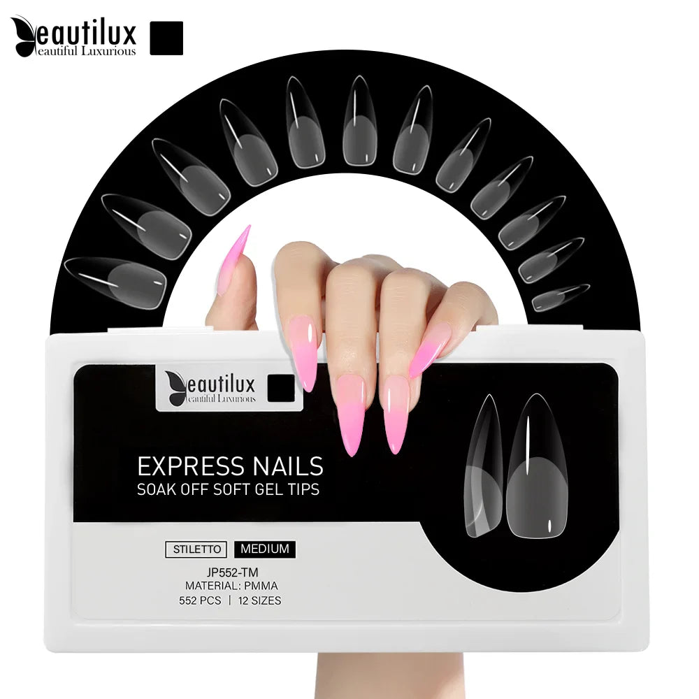 Capsules ongles PMMA Stiletto Moyen Beautilux JP552-TM — 552 pcs 12 tailles — Soak Off Pose Américaine Image