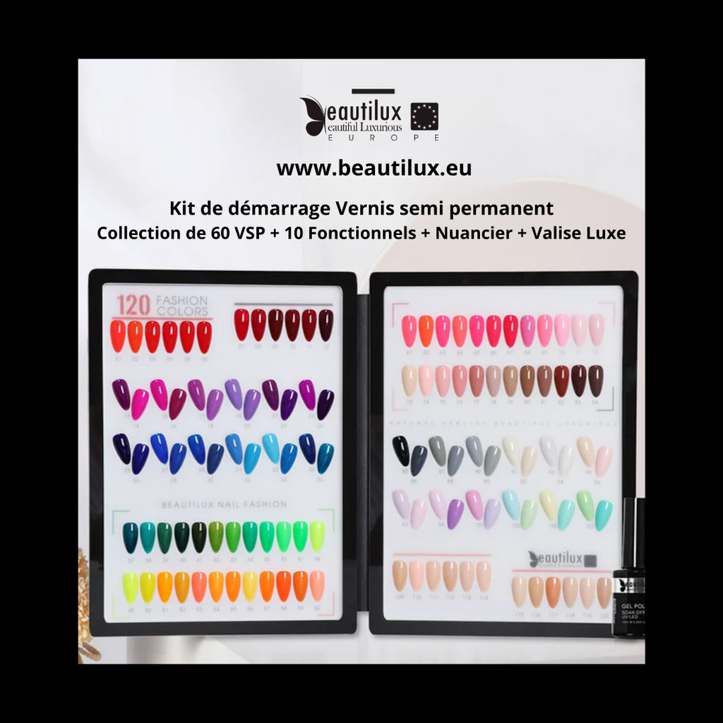 Kit de Démarrage VSP Beautilux – Valise de Luxe 60 Flacons Vernis à ongle de B-061 à B-120 + 10 Bases et top coat + Livre Nuancier