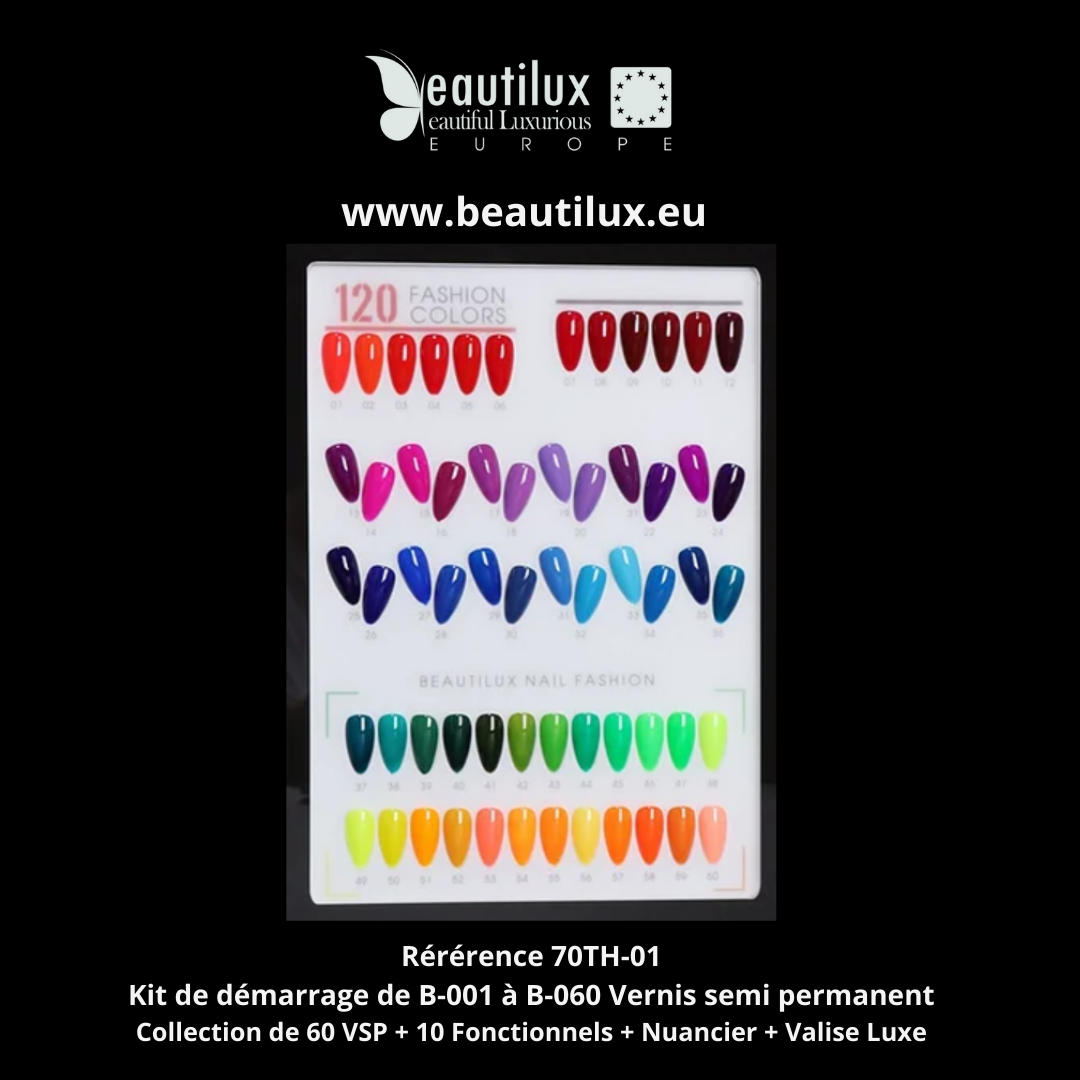 Kit de Démarrage VSP Beautilux – Valise de Luxe 60 Flacons Vernis à ongle de B-001 à B-060 + 10 Bases et top coat + Livre Nuancier