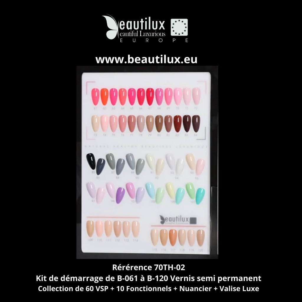 Kit de Démarrage VSP Beautilux – Valise de Luxe 60 Flacons Vernis à ongle de B-061 à B-120 + 10 Bases et top coat + Livre Nuancier