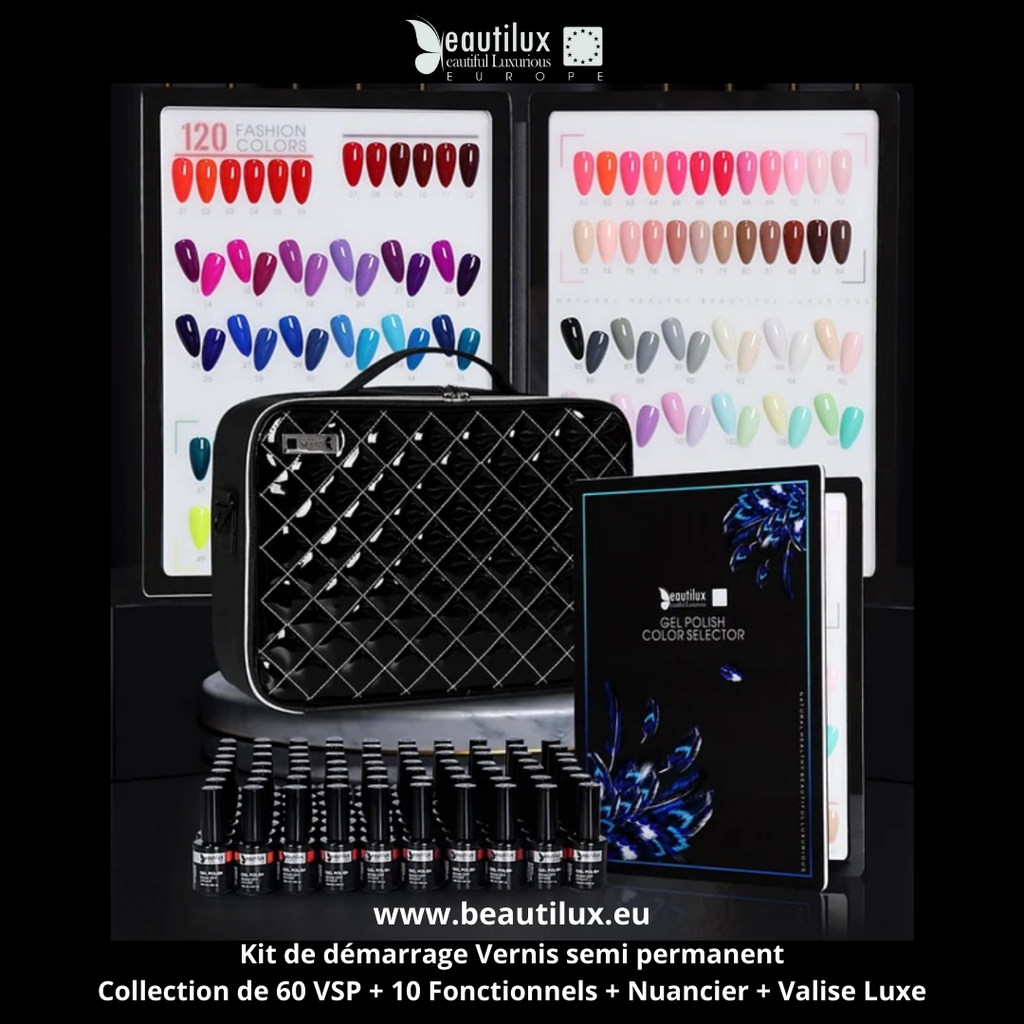 Kit de Démarrage VSP Beautilux – Valise de Luxe 60 Flacons Vernis à ongle de AC-01 à AC-60 + 10 Bases et top coat + Livre Nuancier