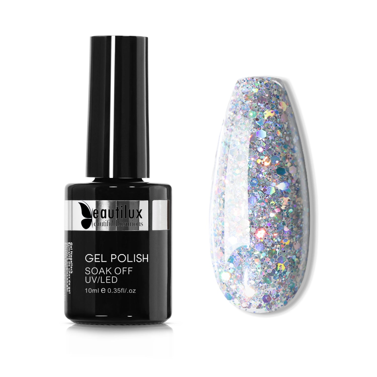 Vernis Semi-Permanent Glitter Blanc Argenté Holographique – LE-01 | Beautilux 10ml – Tenue 3 Semaines Image