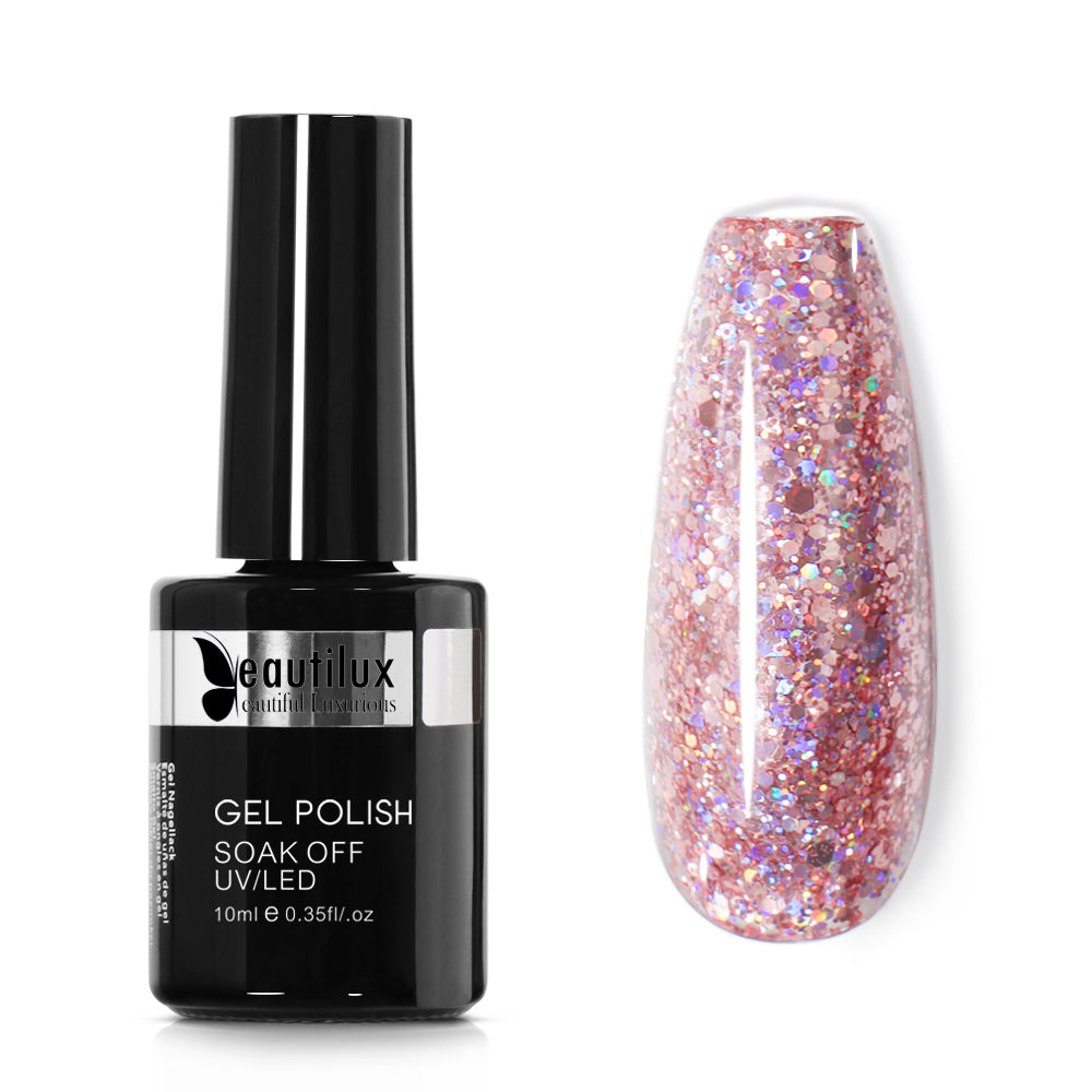 Vernis Semi-Permanent Glitter Rose Pêche Nacré Holographique – LE-05 | Beautilux 10ml – Tenue 3 Semaines