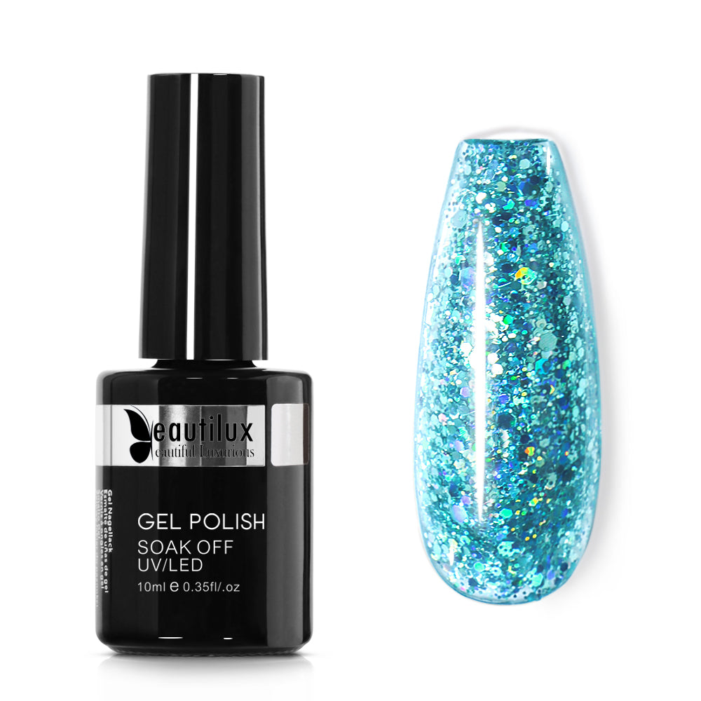 Vernis Semi-Permanent Glitter Bleu Turquoise Holographique – LE-08 | Beautilux 10ml – Tenue 3 Semaines Image