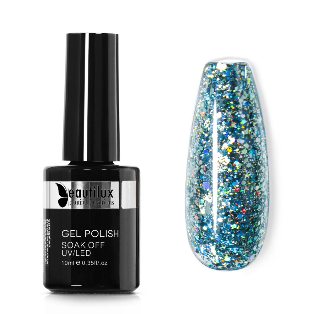 Vernis Semi-Permanent Glitter Bleu Acier Argenté Holographique – LE-10 | Beautilux 10ml – Tenue 3 Semaines