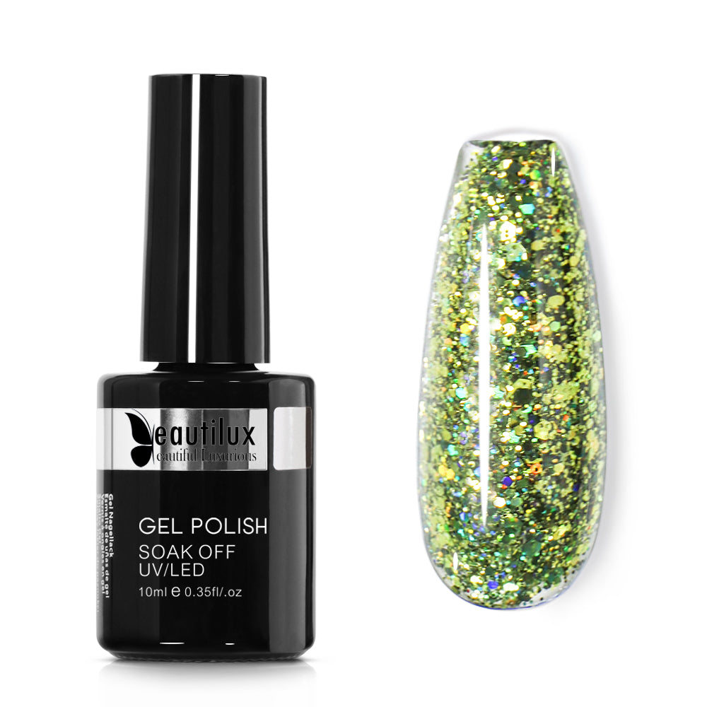 Vernis Semi-Permanent Glitter Vert Olive Doré Holographique – LE-11 | Beautilux 10ml – Tenue 3 Semaines
