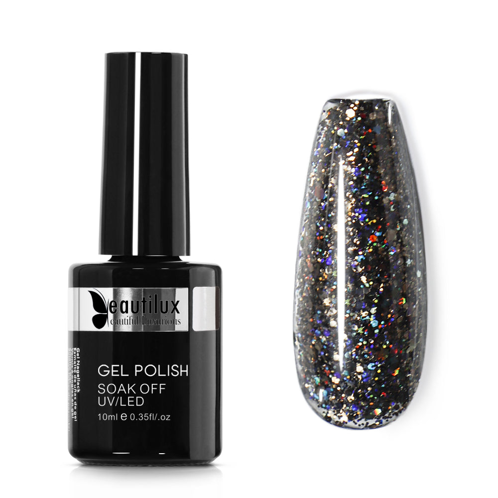 Vernis Semi-Permanent Glitter Noir Multicolore Holographique – LE-12 | Beautilux 10ml – Tenue 3 Semaines