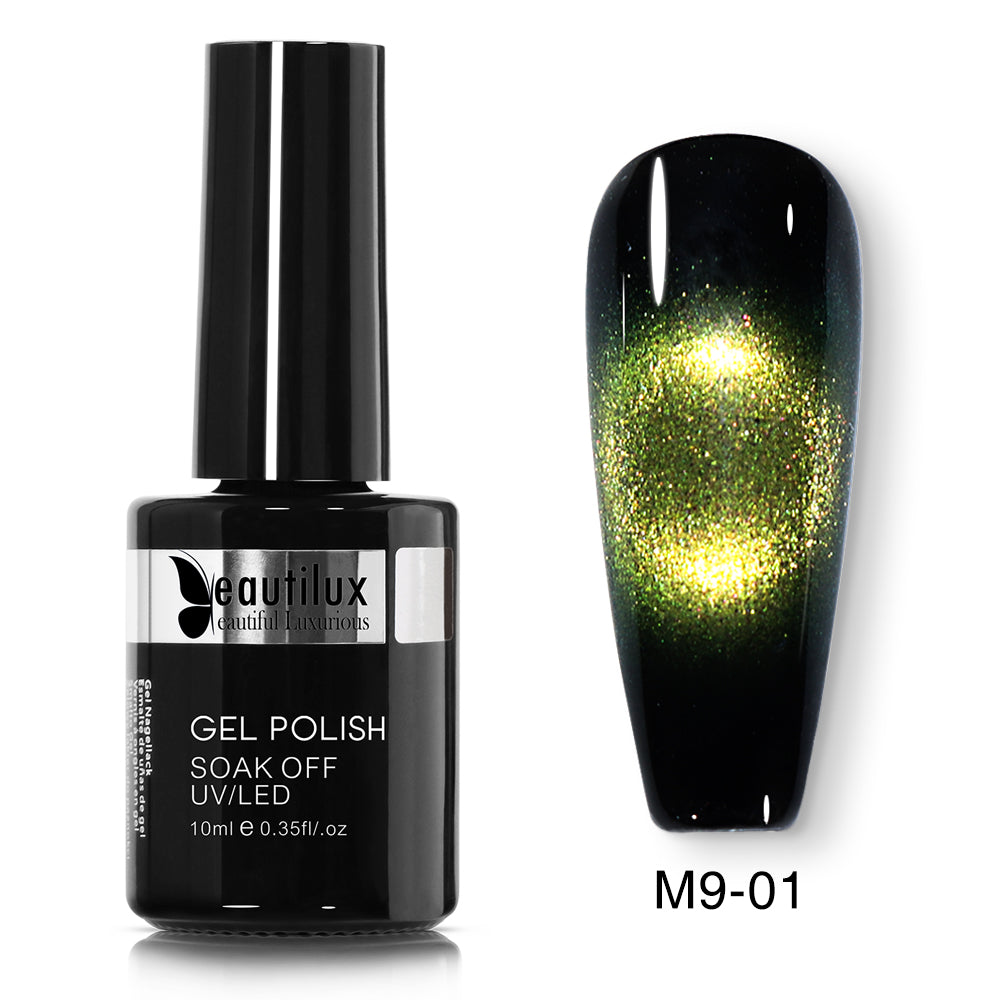 Vernis Semi-Permanent Cat Eye Magnétique Vert Or Galactique – M9-01 | Beautilux 10ml – Tenue 3 Semaines