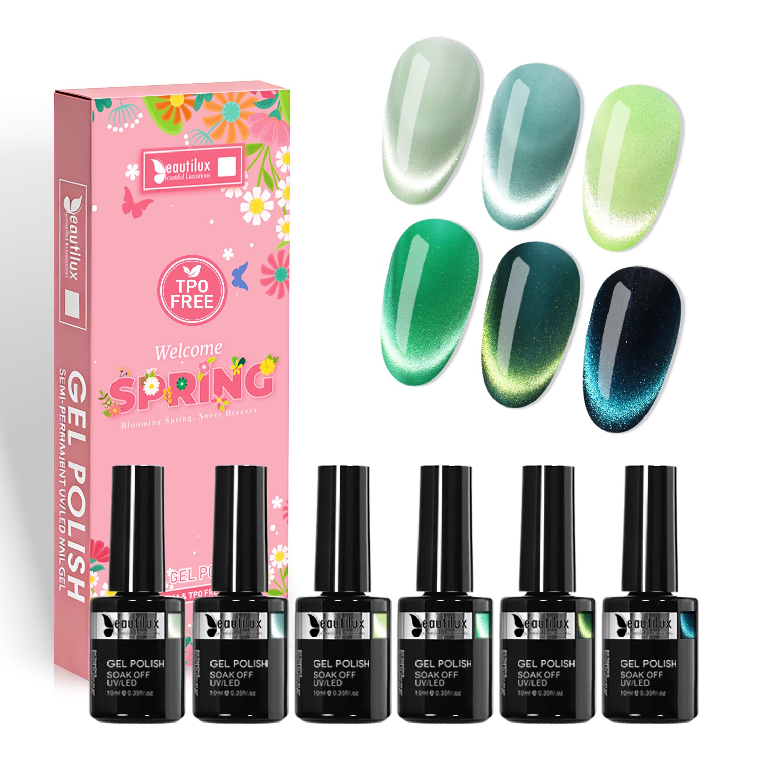 MC26-01 Kit of 6 Cat Eye Nature Spring Semi-Permanent Nail Polishes 10Ml MC 28-Day Wear | Beautilux Image