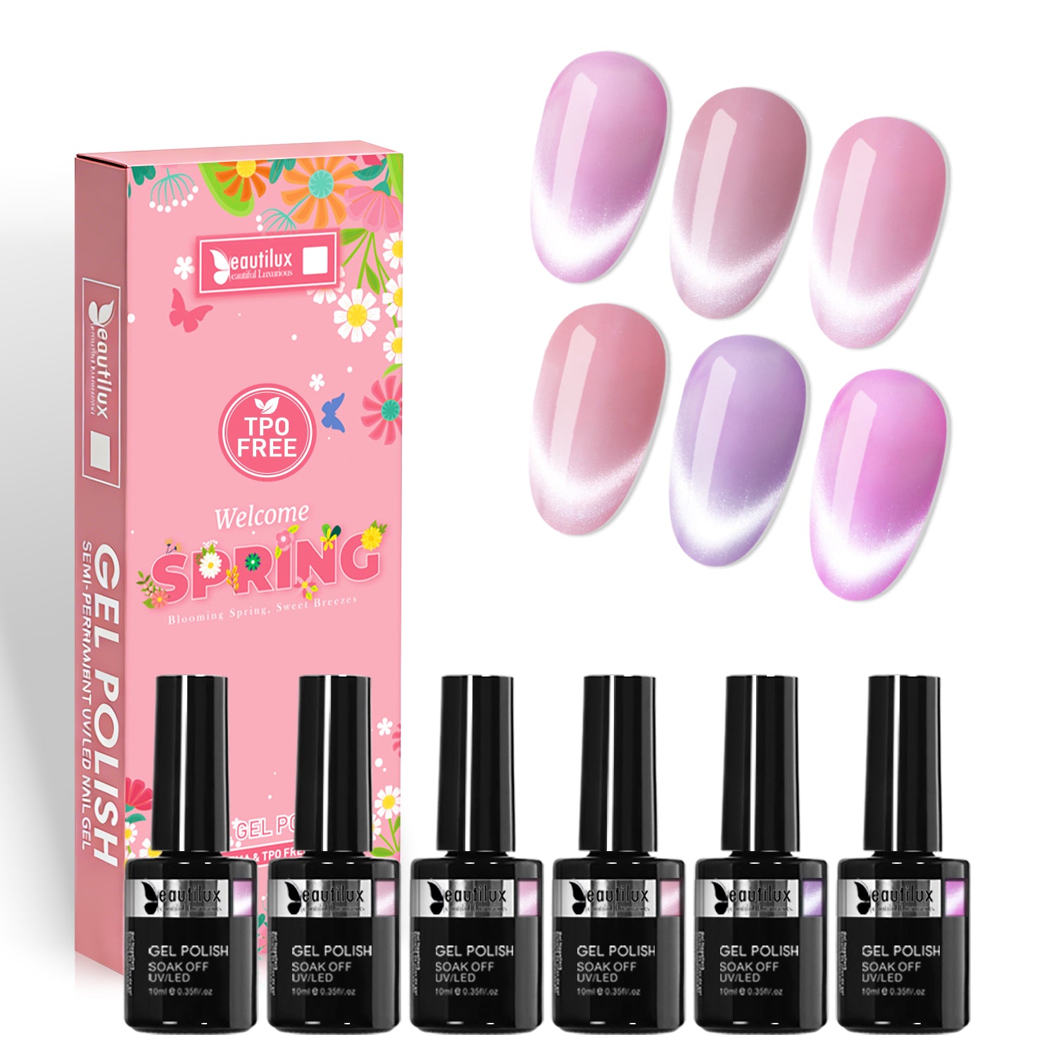 MC26-02 Kit of 6 Semi-Permanent Cat Eye Nail Polishes Spring Pink 10ml MC | 28 Day Wear | Beautilux Image