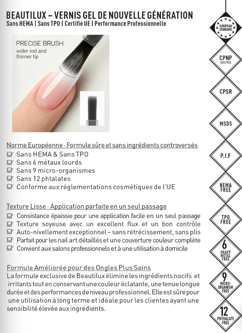 Certifications CE et normes européennes vernis Beautilux sans HEMA sans TPO  