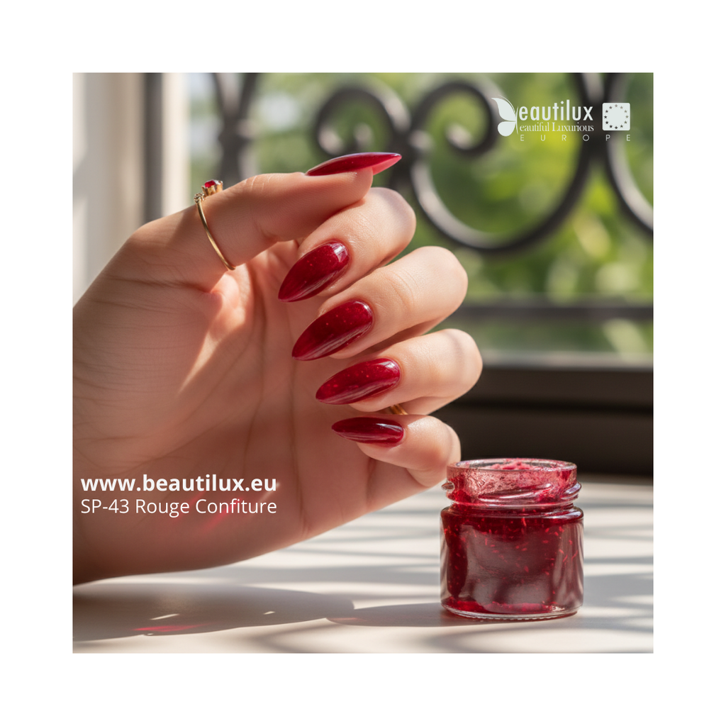 Rendu vernis semi-permanent rouge cerise vitrail SP-43 sur ongles effet confiture  
