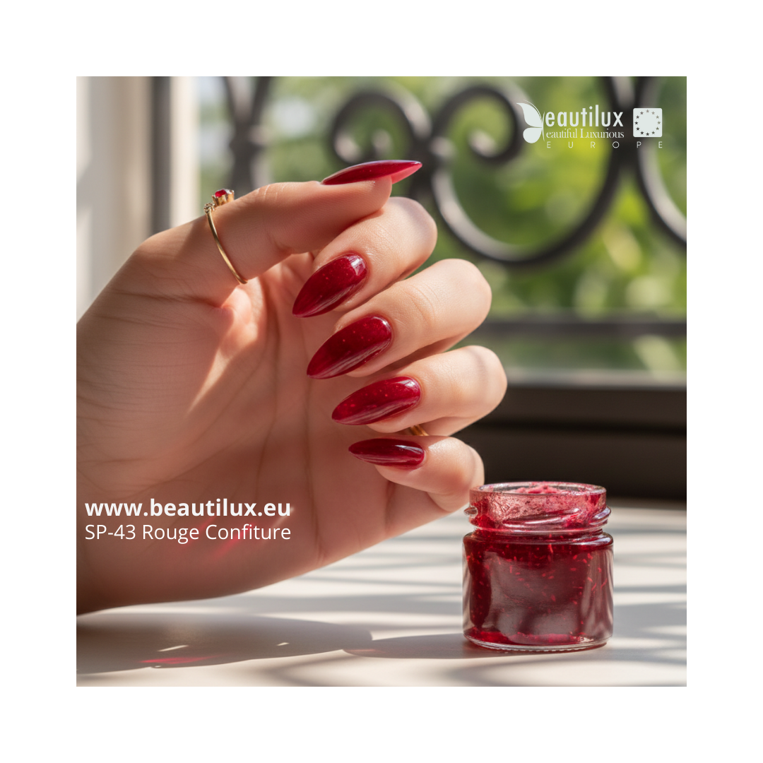 Rendu vernis semi-permanent rouge cerise vitrail SP-43 sur ongles effet confiture  
