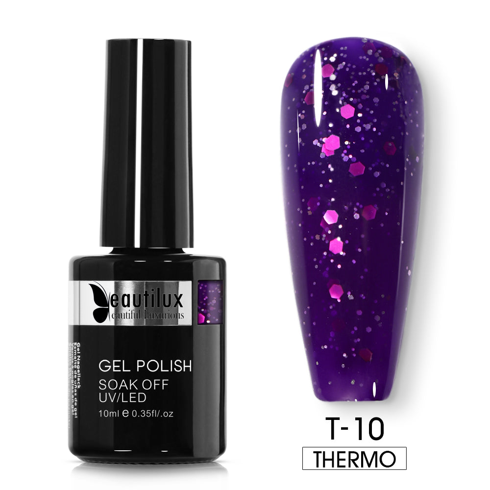 Vernis Semi-Permanent Thermosensible Violet Pailleté / Violet Foncé Pailleté – T-10 | Beautilux 10ml – Tenue 3 Semaines Image