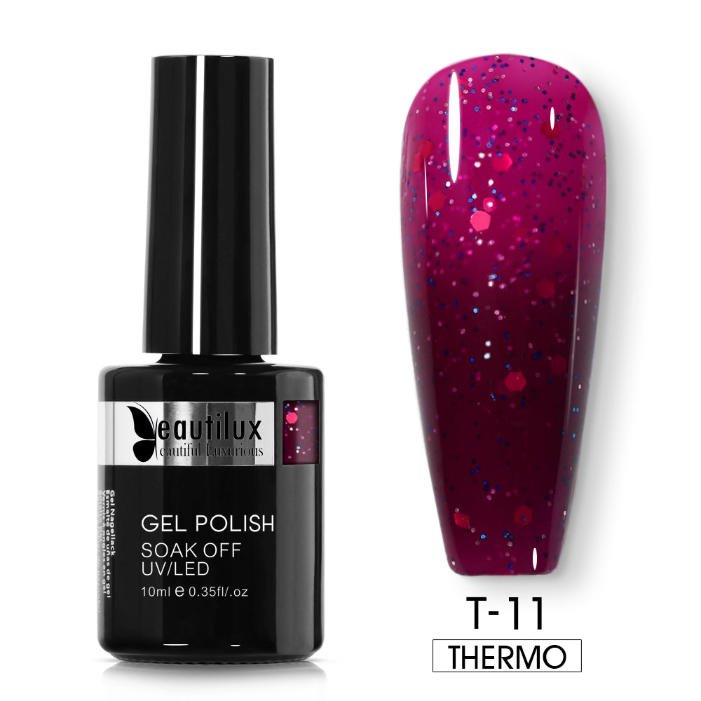 Vernis Semi-Permanent Thermosensible Rose Fuchsia Pailleté / Bordeaux Pailleté – T-11 | Beautilux 10ml – Tenue 3 Semaines Image