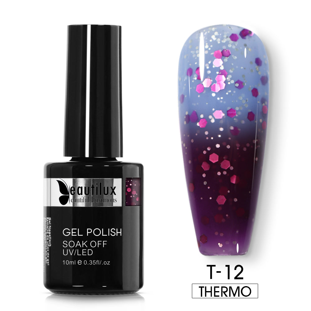 Vernis Semi-Permanent Thermosensible Bleu Lavande Pailleté / Violet Foncé Pailleté – T-12 | Beautilux 10ml – Tenue 3 Semaines Image