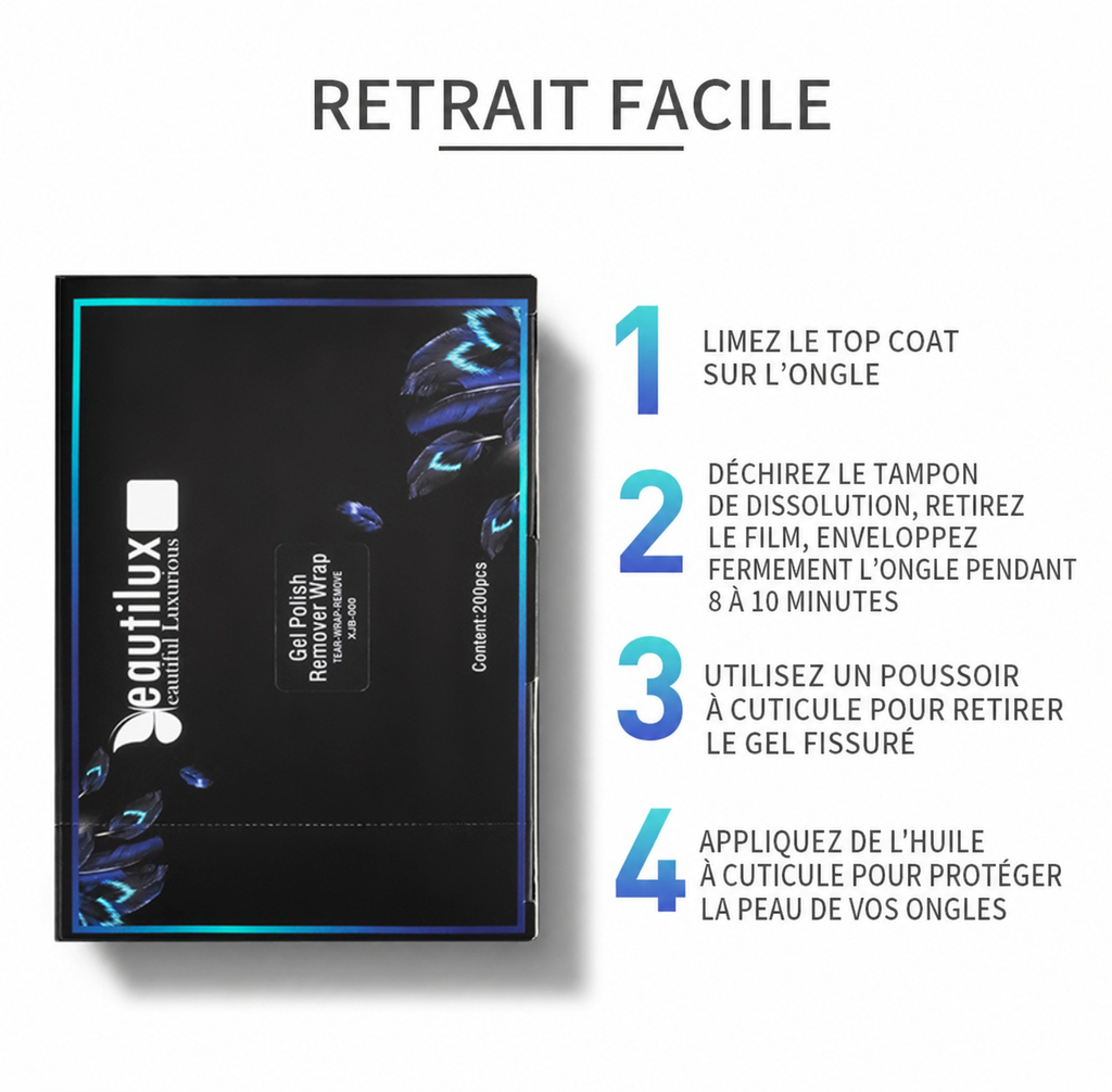 Remover Beautilux — Lingettes pour la dépose des Ongles Sans Peluches | Boîte 200 pcs | Réf. XJB-000