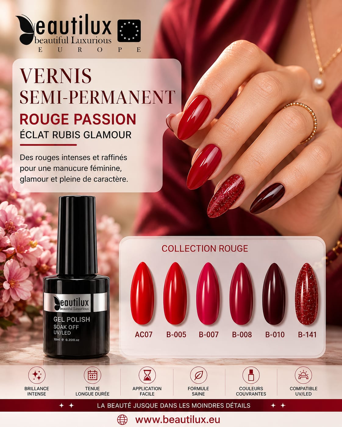 YT-01 - Kit de 6 Vernis Semi-Permanent ROUGE 10Ml Tenue 28 Jours | Beautilux